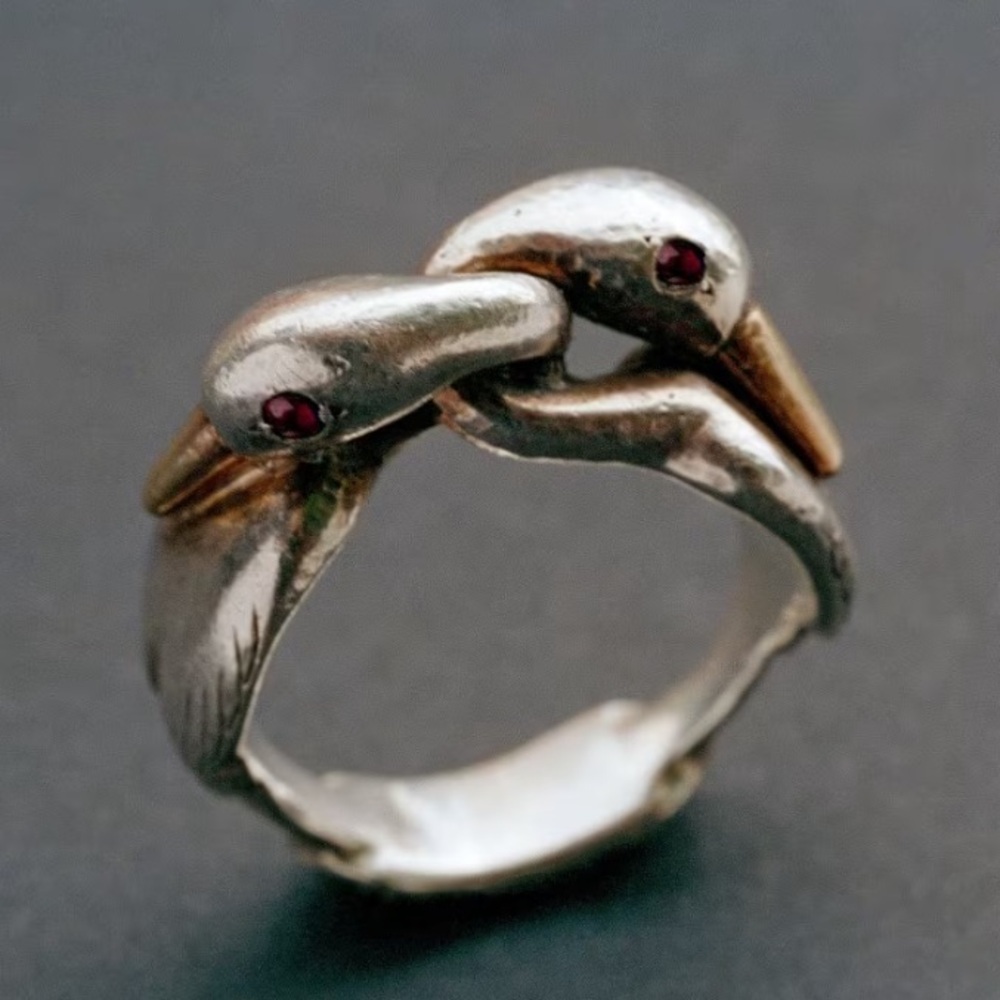 Silver Crane Bird Ring with Red Eyes